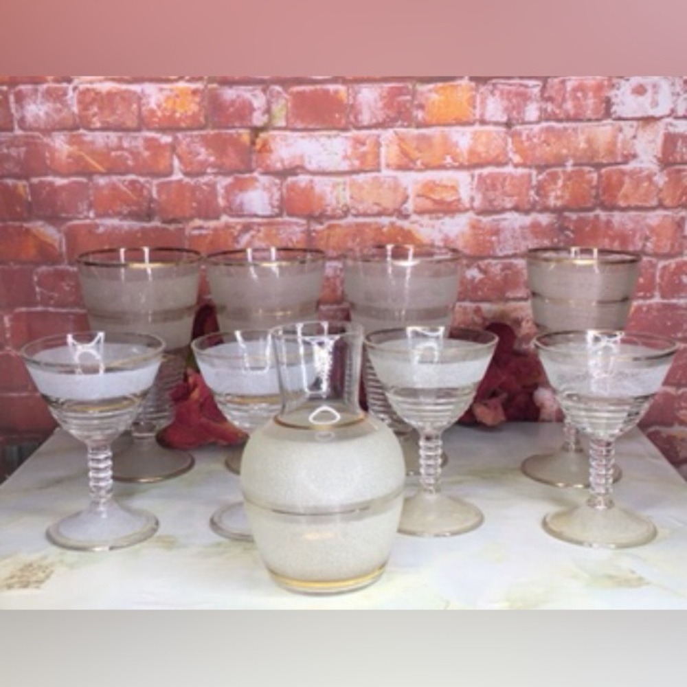 Vintage MCM Federal Glass Frosted Gilt Gold Rimmed Nine Piece Bar Set